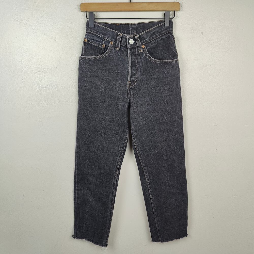 Vintage Levi's 26501 90s Straight Jeans Womens 25 Black Wash High Rise Raw Hem